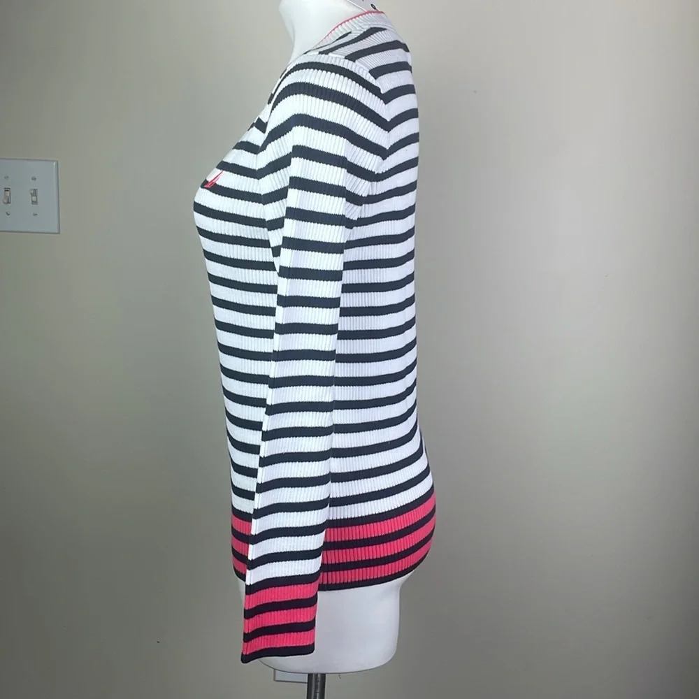 Nautica V-Neck Sweater Navy Seas Pink Stripe Knit